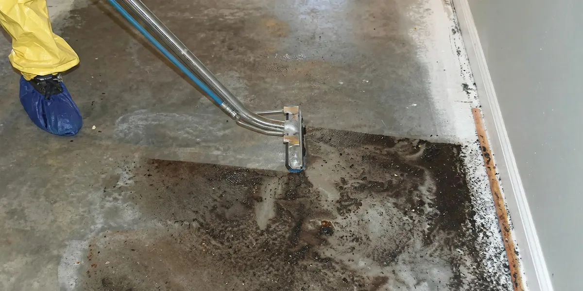 sewage removal technicians extracting contaminated wastewater from a residential floor in Aurora, CO